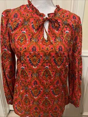 Talbots Red Paisley Tie-Neck Blouse with Ruffle Collar & metallic embellishment